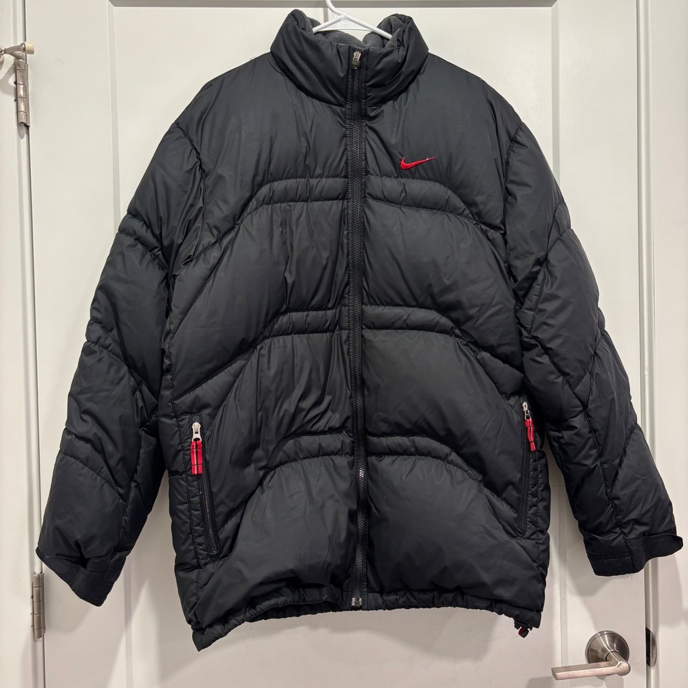 Nike Mens Puffer Jacket Black Red Swoosh Full Zip Insulated Coat Large